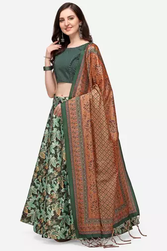 Green Digital Floral Print Satin Silk Fabric Semistitched Lehenga Choli With Jequared Unstitched Blouse with Dupatta