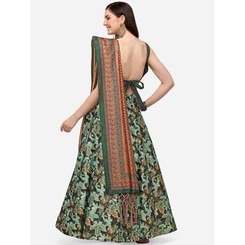 Green Digital Floral Print Satin Silk Fabric Semistitched Lehenga Choli With Jequared Unstitched Blouse with Dupatta 3