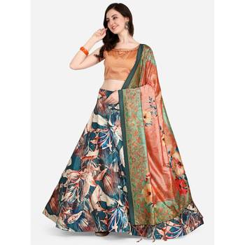 Peach Digital Floral Print Satin Silk Fabric Semistitched Lehenga Choli With Jequared Unstitched Blouse with Dupatta 1