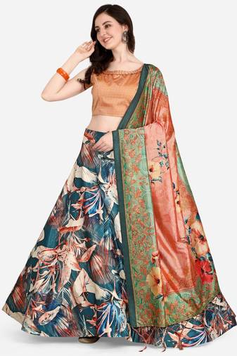 Peach Digital Floral Print Satin Silk Fabric Semistitched Lehenga Choli With Jequared Unstitched Blouse with Dupatta