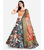 Peach Digital Floral Print Satin Silk Fabric Semistitched Lehenga Choli With Jequared Unstitched Blouse with Dupatta