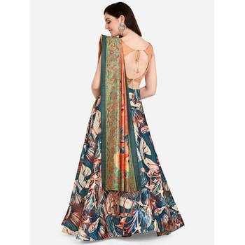 Peach Digital Floral Print Satin Silk Fabric Semistitched Lehenga Choli With Jequared Unstitched Blouse with Dupatta 2