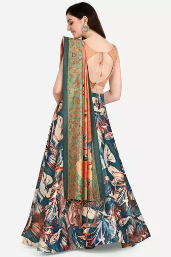 Peach Digital Floral Print Satin Silk Fabric Semistitched Lehenga Choli With Jequared Unstitched Blouse with Dupatta
