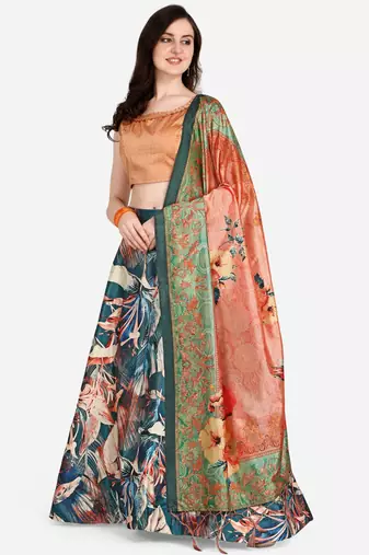 Peach Digital Floral Print Satin Silk Fabric Semistitched Lehenga Choli With Jequared Unstitched Blouse with Dupatta