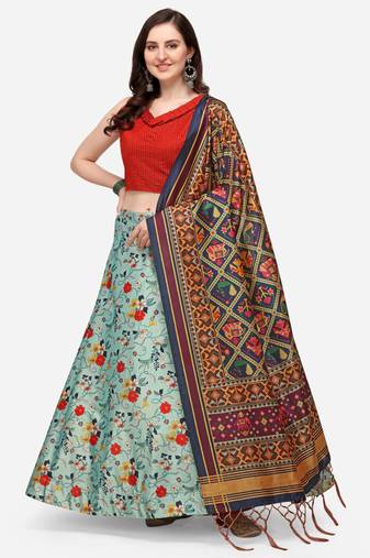 Red Digital Floral Print Satin Silk Fabric Semistitched Lehenga Choli With Jequared Unstitched Blouse with Dupatta