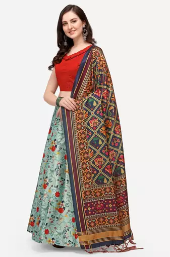 Red Digital Floral Print Satin Silk Fabric Semistitched Lehenga Choli With Jequared Unstitched Blouse with Dupatta