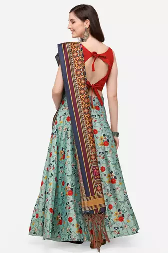 Red Digital Floral Print Satin Silk Fabric Semistitched Lehenga Choli With Jequared Unstitched Blouse with Dupatta