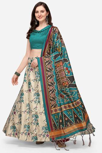 Green Digital Floral Print Satin Silk Fabric Semistitched Lehenga Choli With Jequared Unstitched Blouse with Dupatta