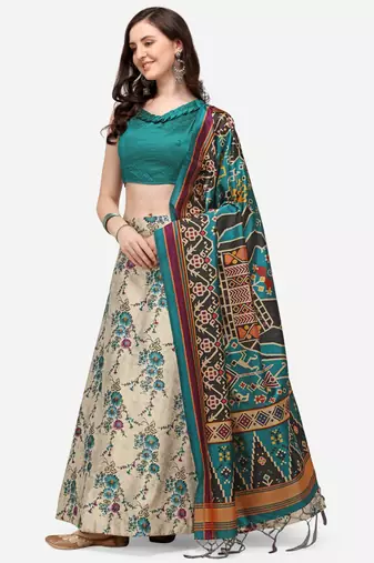 Green Digital Floral Print Satin Silk Fabric Semistitched Lehenga Choli With Jequared Unstitched Blouse with Dupatta