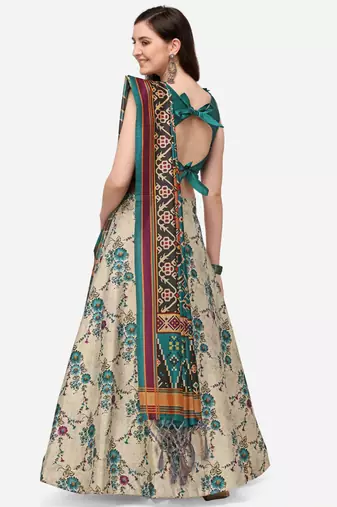 Green Digital Floral Print Satin Silk Fabric Semistitched Lehenga Choli With Jequared Unstitched Blouse with Dupatta
