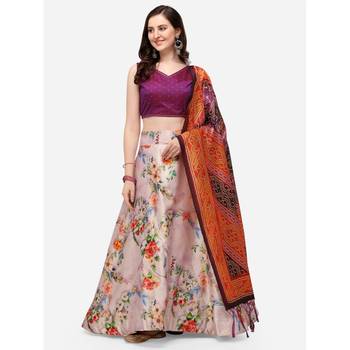 Violet Digital Floral Print Satin Silk Fabric Semistitched Lehenga Choli With Jequared Unstitched Blouse with Dupatta 1