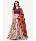 Violet Digital Floral Print Satin Silk Fabric Semistitched Lehenga Choli With Jequared Unstitched Blouse with Dupatta