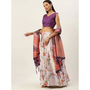 Violet Digital Floral Print Satin Silk Fabric Semistitched Lehenga Choli With Jequared Unstitched Blouse with Dupatta 2