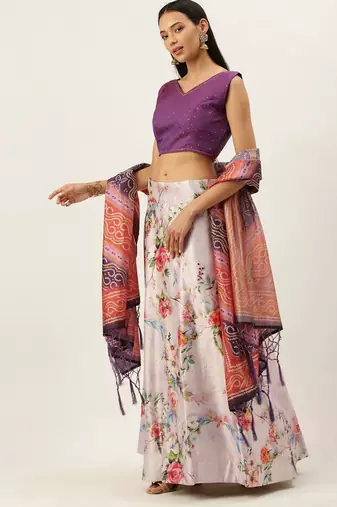 Violet Digital Floral Print Satin Silk Fabric Semistitched Lehenga Choli With Jequared Unstitched Blouse with Dupatta
