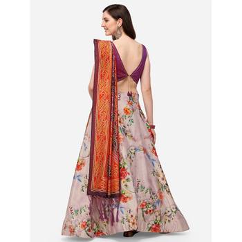 Violet Digital Floral Print Satin Silk Fabric Semistitched Lehenga Choli With Jequared Unstitched Blouse with Dupatta 3