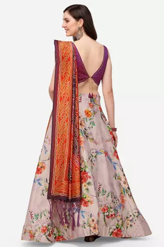 Violet Digital Floral Print Satin Silk Fabric Semistitched Lehenga Choli With Jequared Unstitched Blouse with Dupatta