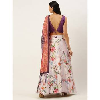 Violet Digital Floral Print Satin Silk Fabric Semistitched Lehenga Choli With Jequared Unstitched Blouse with Dupatta 4
