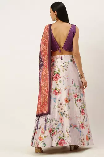 Violet Digital Floral Print Satin Silk Fabric Semistitched Lehenga Choli With Jequared Unstitched Blouse with Dupatta