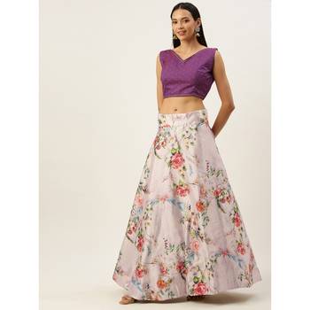 Violet Digital Floral Print Satin Silk Fabric Semistitched Lehenga Choli With Jequared Unstitched Blouse with Dupatta 5