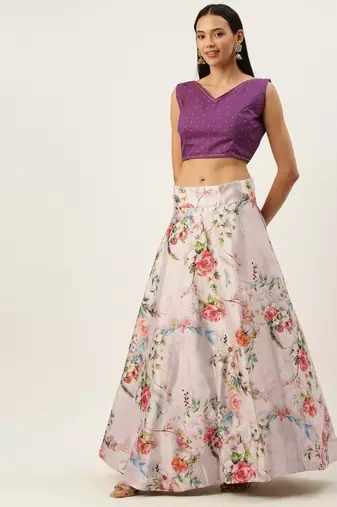 Violet Digital Floral Print Satin Silk Fabric Semistitched Lehenga Choli With Jequared Unstitched Blouse with Dupatta
