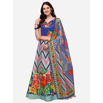 Blue Digital Floral Print Satin Silk Fabric Semistitched Lehenga Choli With Jequared Unstitched Blouse with Dupatta 1