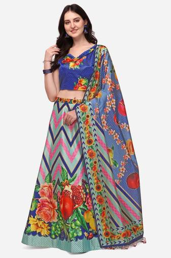 Blue Digital Floral Print Satin Silk Fabric Semistitched Lehenga Choli With Jequared Unstitched Blouse with Dupatta