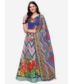 Blue Digital Floral Print Satin Silk Fabric Semistitched Lehenga Choli With Jequared Unstitched Blouse with Dupatta