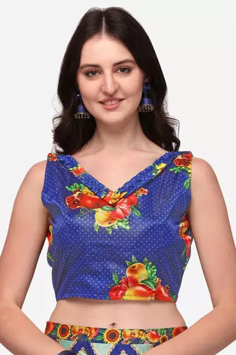 Blue Digital Floral Print Satin Silk Fabric Semistitched Lehenga Choli With Jequared Unstitched Blouse with Dupatta