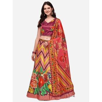 Wine Digital Floral Print Satin Silk Fabric Semistitched Lehenga Choli With Jequared Unstitched Blouse with Dupatta 1