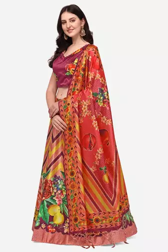 Wine Digital Floral Print Satin Silk Fabric Semistitched Lehenga Choli With Jequared Unstitched Blouse with Dupatta