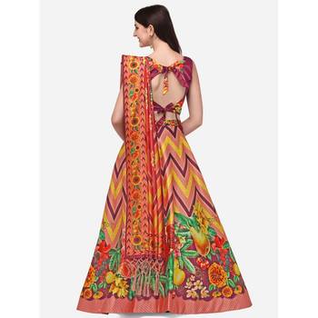 Wine Digital Floral Print Satin Silk Fabric Semistitched Lehenga Choli With Jequared Unstitched Blouse with Dupatta 3