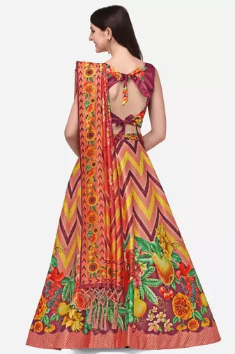 Wine Digital Floral Print Satin Silk Fabric Semistitched Lehenga Choli With Jequared Unstitched Blouse with Dupatta