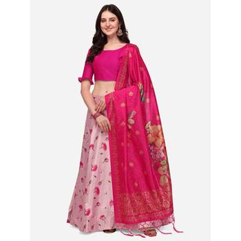 Pink Digital Floral Print Satin Silk Fabric Semistitched Lehenga Choli With Jequared Unstitched Blouse with Dupatta 1