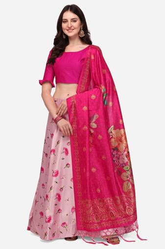 Pink Digital Floral Print Satin Silk Fabric Semistitched Lehenga Choli With Jequared Unstitched Blouse with Dupatta