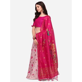 Pink Digital Floral Print Satin Silk Fabric Semistitched Lehenga Choli With Jequared Unstitched Blouse with Dupatta 2