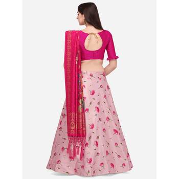 Pink Digital Floral Print Satin Silk Fabric Semistitched Lehenga Choli With Jequared Unstitched Blouse with Dupatta 3