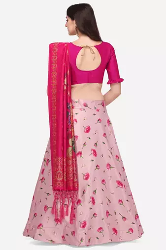 Pink Digital Floral Print Satin Silk Fabric Semistitched Lehenga Choli With Jequared Unstitched Blouse with Dupatta