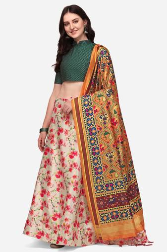 Green Digital Floral Print Satin Silk Fabric Semistitched Lehenga Choli With Jequared Unstitched Blouse with Dupatta