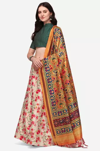 Green Digital Floral Print Satin Silk Fabric Semistitched Lehenga Choli With Jequared Unstitched Blouse with Dupatta