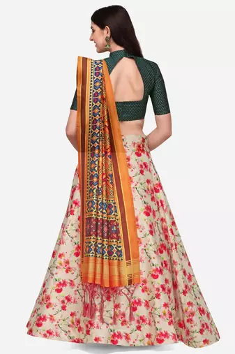Green Digital Floral Print Satin Silk Fabric Semistitched Lehenga Choli With Jequared Unstitched Blouse with Dupatta