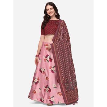 Pink Digital Floral Print Satin Silk Fabric Semistitched Lehenga Choli With Jequared Unstitched Blouse with Dupatta 1