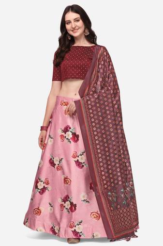 Pink Digital Floral Print Satin Silk Fabric Semistitched Lehenga Choli With Jequared Unstitched Blouse with Dupatta
