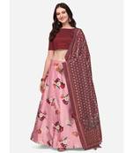 Pink Digital Floral Print Satin Silk Fabric Semistitched Lehenga Choli With Jequared Unstitched Blouse with Dupatta