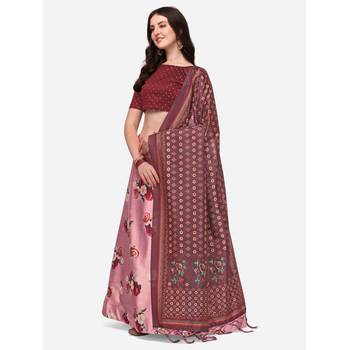 Pink Digital Floral Print Satin Silk Fabric Semistitched Lehenga Choli With Jequared Unstitched Blouse with Dupatta 2