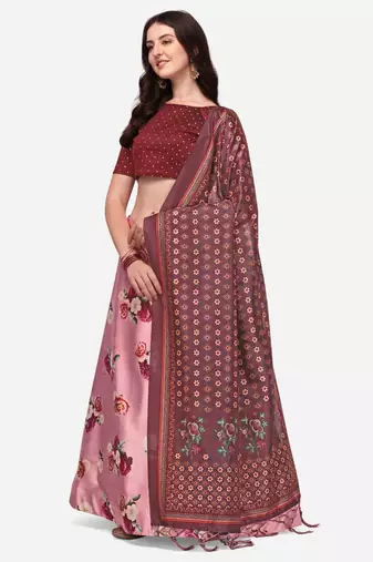 Pink Digital Floral Print Satin Silk Fabric Semistitched Lehenga Choli With Jequared Unstitched Blouse with Dupatta