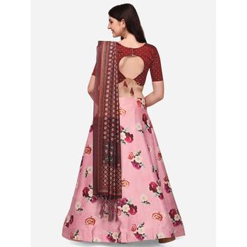 Pink Digital Floral Print Satin Silk Fabric Semistitched Lehenga Choli With Jequared Unstitched Blouse with Dupatta 3