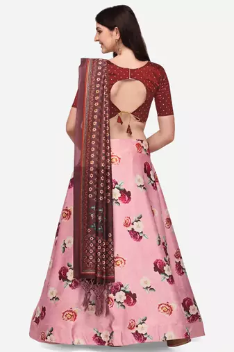 Pink Digital Floral Print Satin Silk Fabric Semistitched Lehenga Choli With Jequared Unstitched Blouse with Dupatta