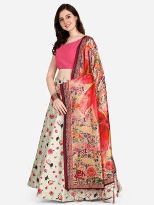 white digital floral print satin silk lehenga choli with dupatta 1