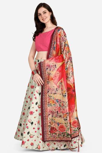 white digital floral print satin silk lehenga choli with dupatta