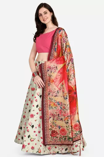 white digital floral print satin silk lehenga choli with dupatta